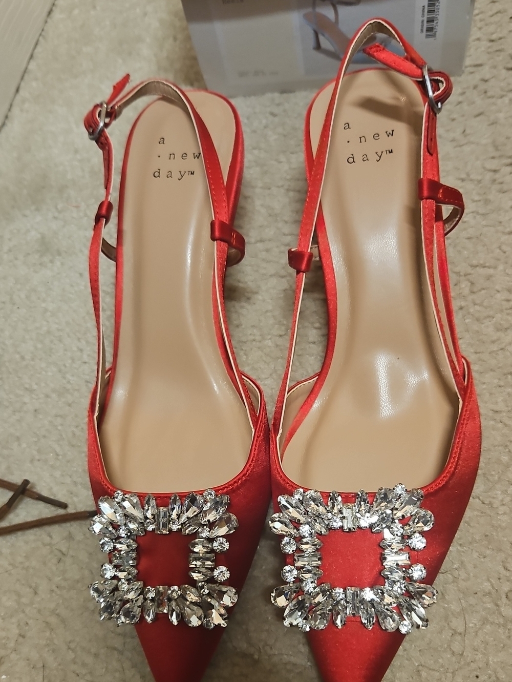 a new day Red Satin Pointed Toe Slingback Heels with Crystal Square Buckles